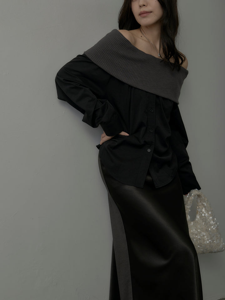 【SET】ニットシャツドッキングオフショルトップス+ニットシャツドッキングオフショルトップス(2set)