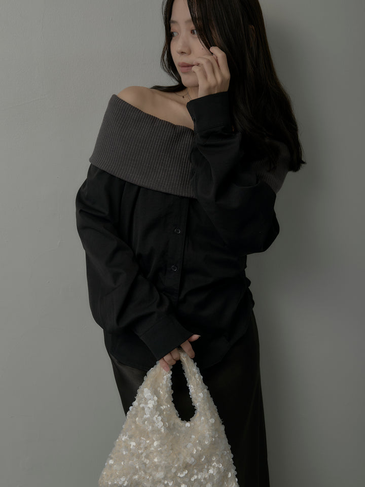 【SET】ニットシャツドッキングオフショルトップス+ニットシャツドッキングオフショルトップス(2set)