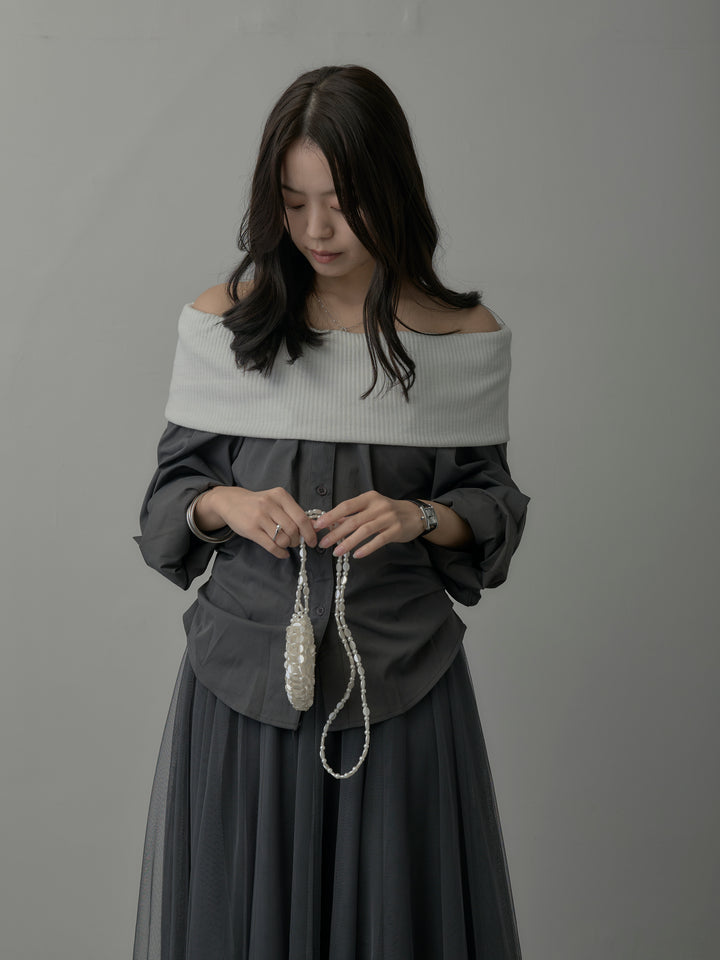 【SET】ニットシャツドッキングオフショルトップス+ニットシャツドッキングオフショルトップス(2set)