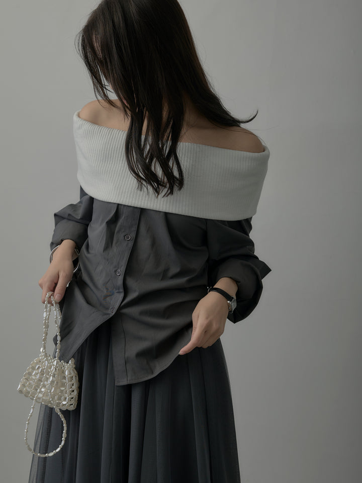 【SET】ニットシャツドッキングオフショルトップス+ニットシャツドッキングオフショルトップス(2set)