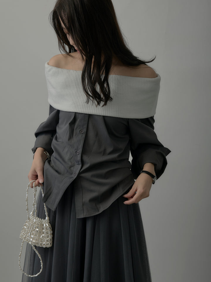 【SET】ニットシャツドッキングオフショルトップス+ニットシャツドッキングオフショルトップス(2set)