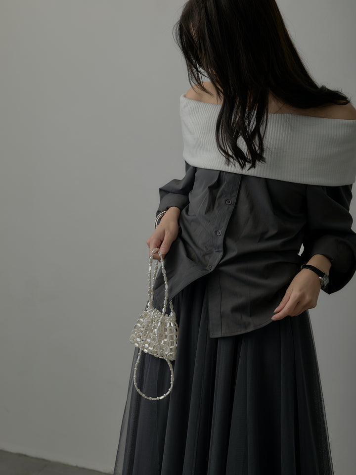 【SET】ニットシャツドッキングオフショルトップス+ニットシャツドッキングオフショルトップス(2set)