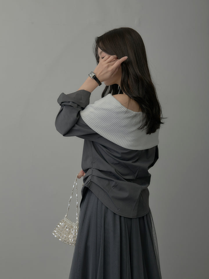 【SET】ニットシャツドッキングオフショルトップス+ニットシャツドッキングオフショルトップス(2set)