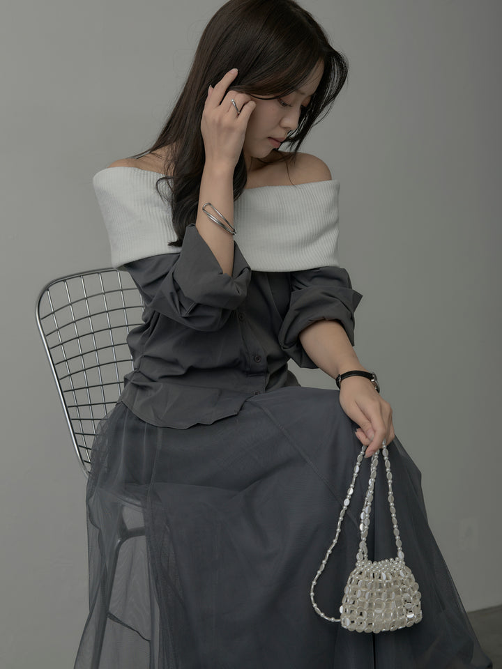 【SET】ニットシャツドッキングオフショルトップス+ニットシャツドッキングオフショルトップス(2set)