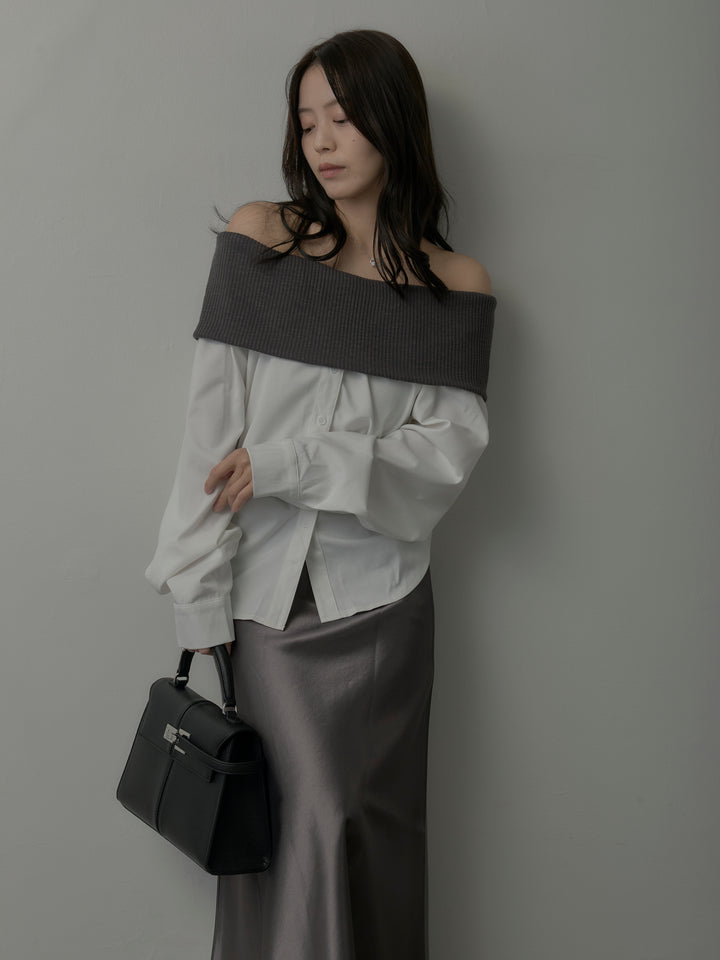 【SET】ニットシャツドッキングオフショルトップス+ニットシャツドッキングオフショルトップス(2set)