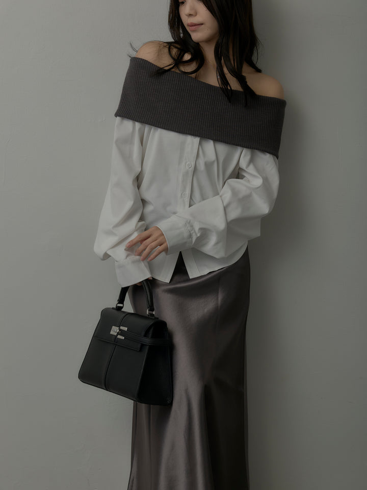 【SET】ニットシャツドッキングオフショルトップス+ニットシャツドッキングオフショルトップス(2set)