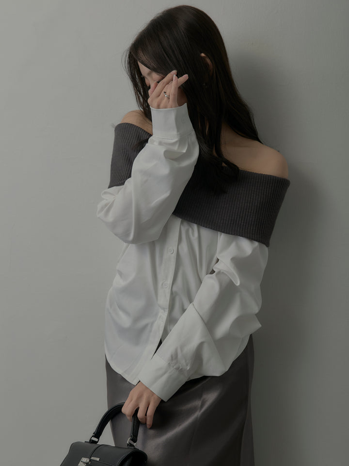 【SET】ニットシャツドッキングオフショルトップス+ニットシャツドッキングオフショルトップス(2set)