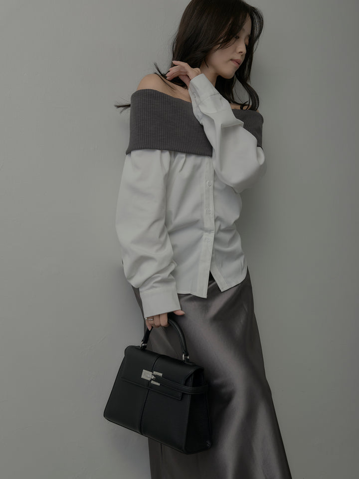 【SET】ニットシャツドッキングオフショルトップス+ニットシャツドッキングオフショルトップス(2set)