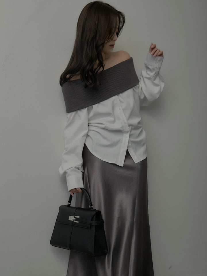 【SET】ニットシャツドッキングオフショルトップス+ニットシャツドッキングオフショルトップス(2set)