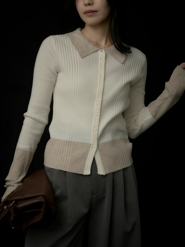 バイカラーリブニットポロトップス