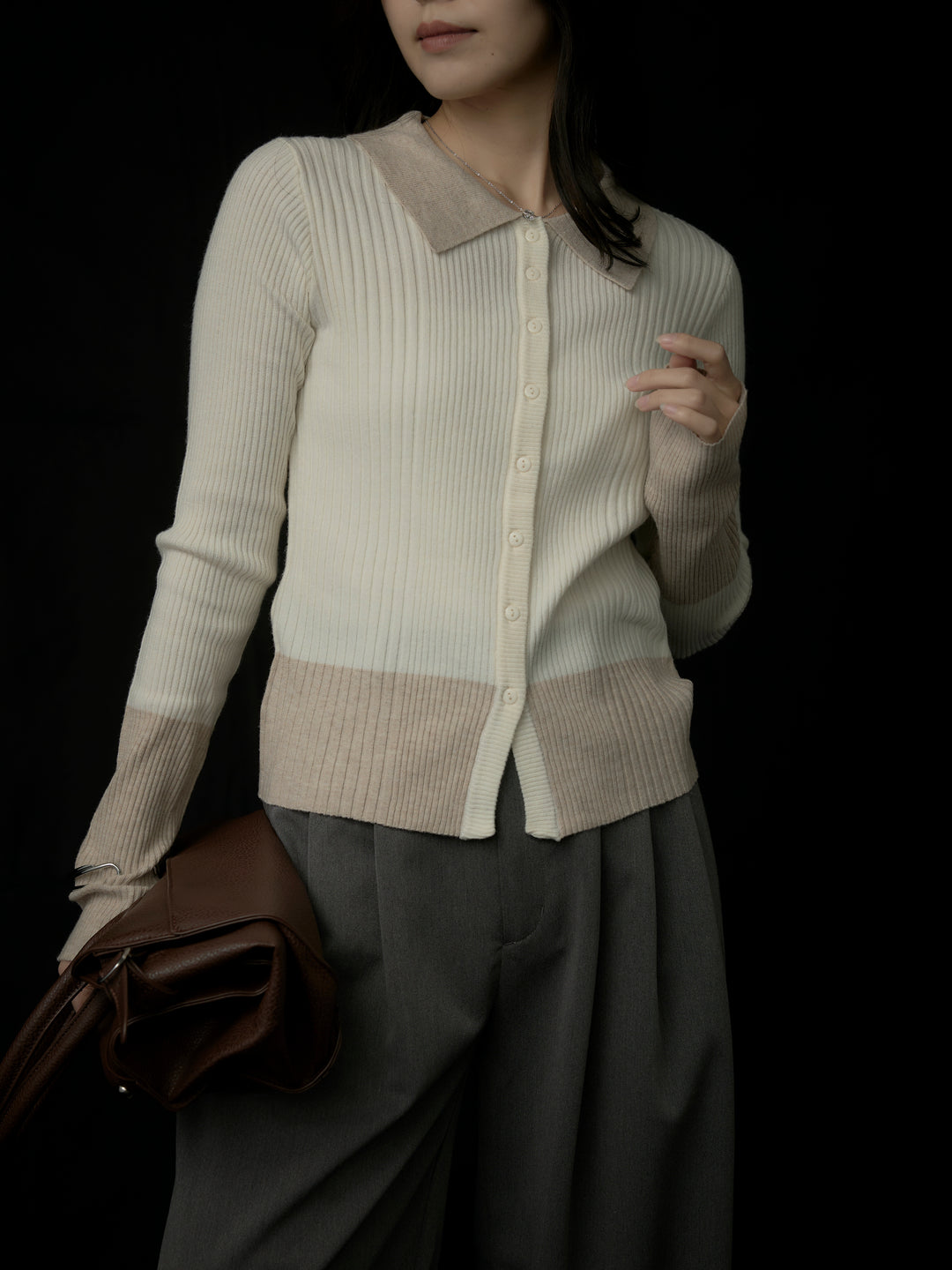 バイカラーリブニットポロトップス