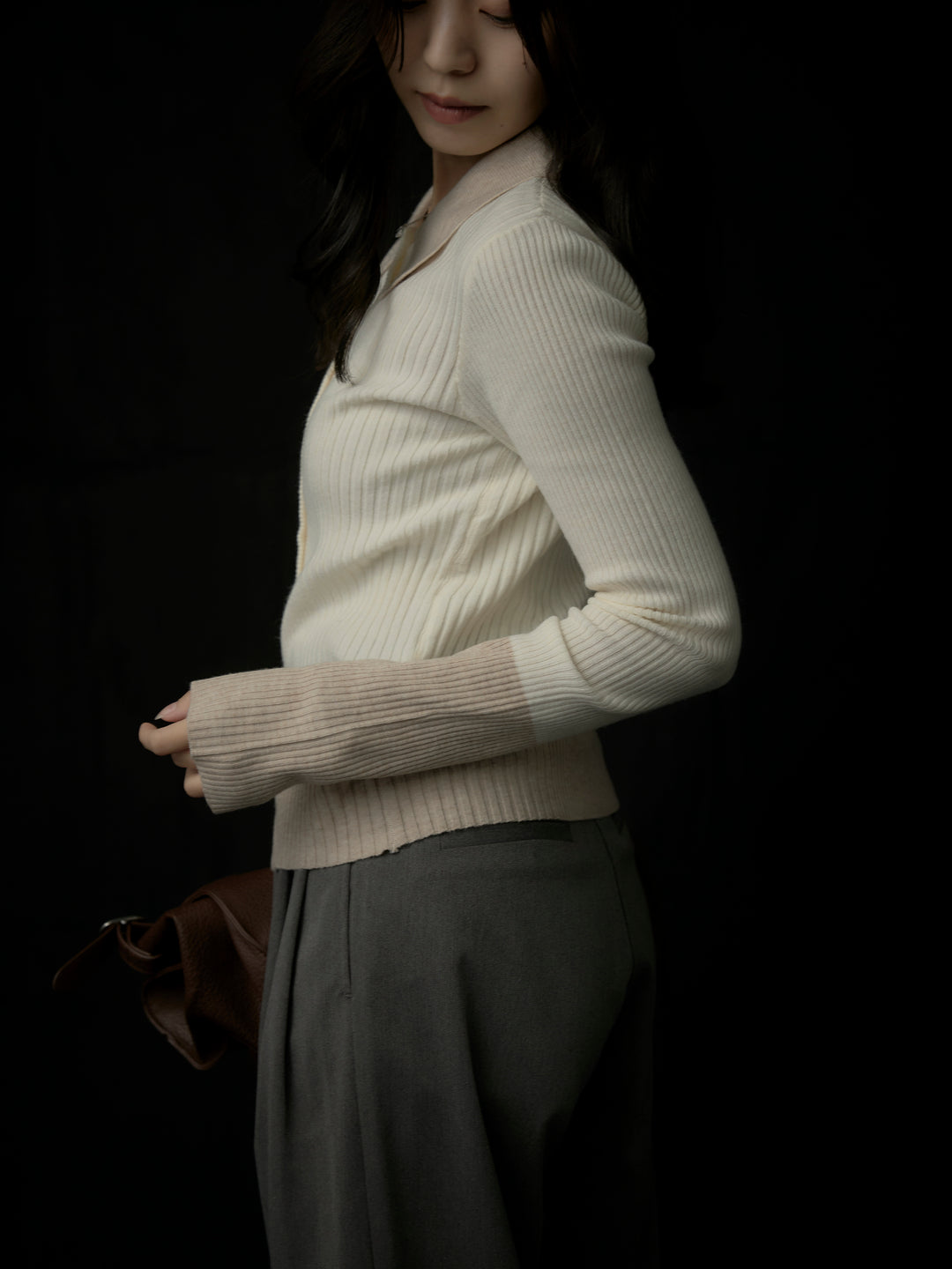 【SET】バイカラーリブニットポロトップス+【Essential】３タックスラックス(2set)