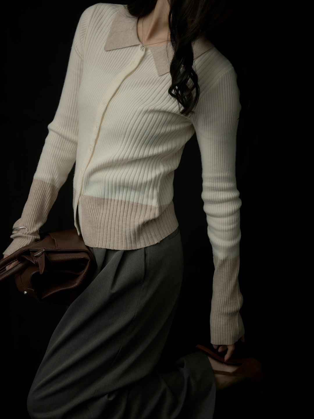 【SET】バイカラーリブニットポロトップス+【Essential】３タックスラックス(2set)