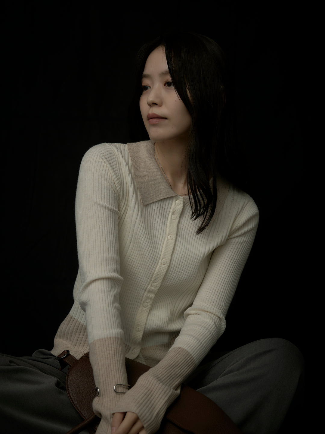 バイカラーリブニットポロトップス