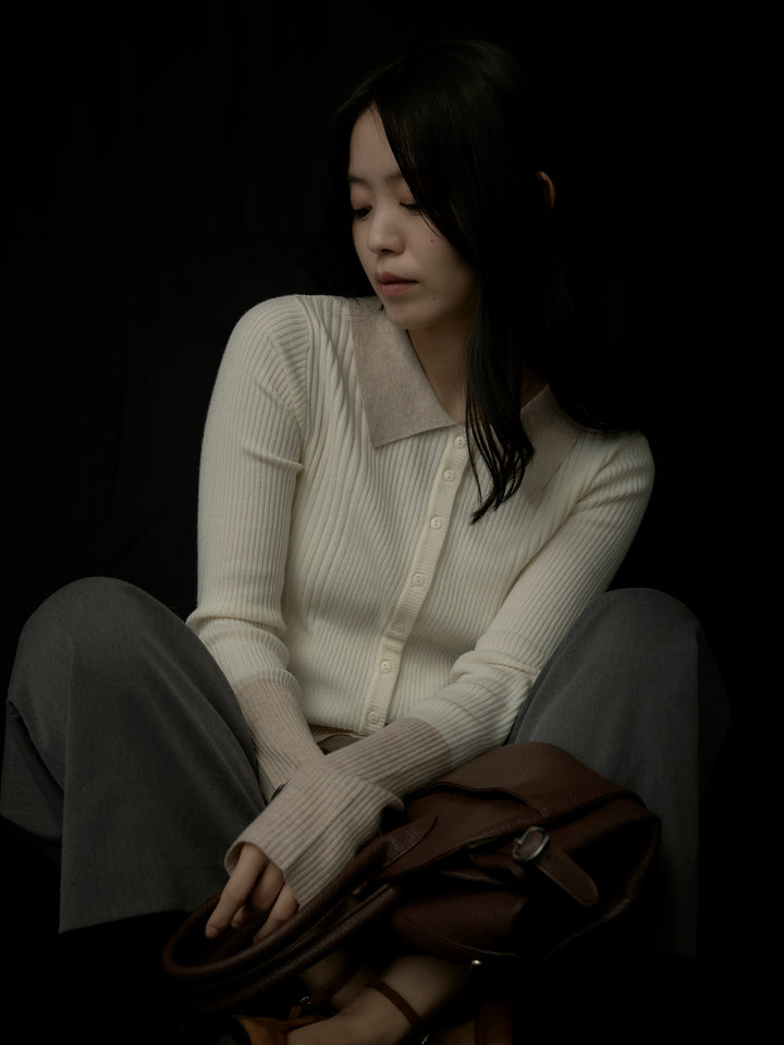 バイカラーリブニットポロトップス