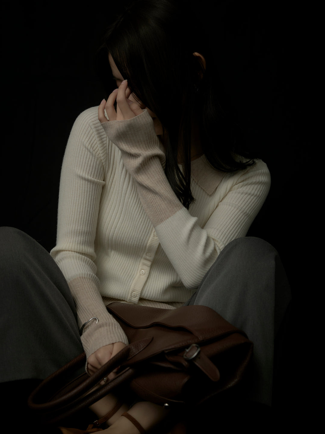 バイカラーリブニットポロトップス