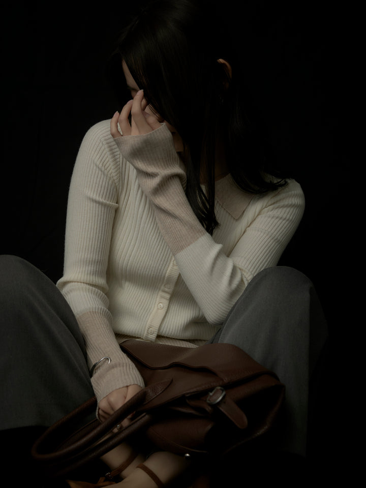 バイカラーリブニットポロトップス