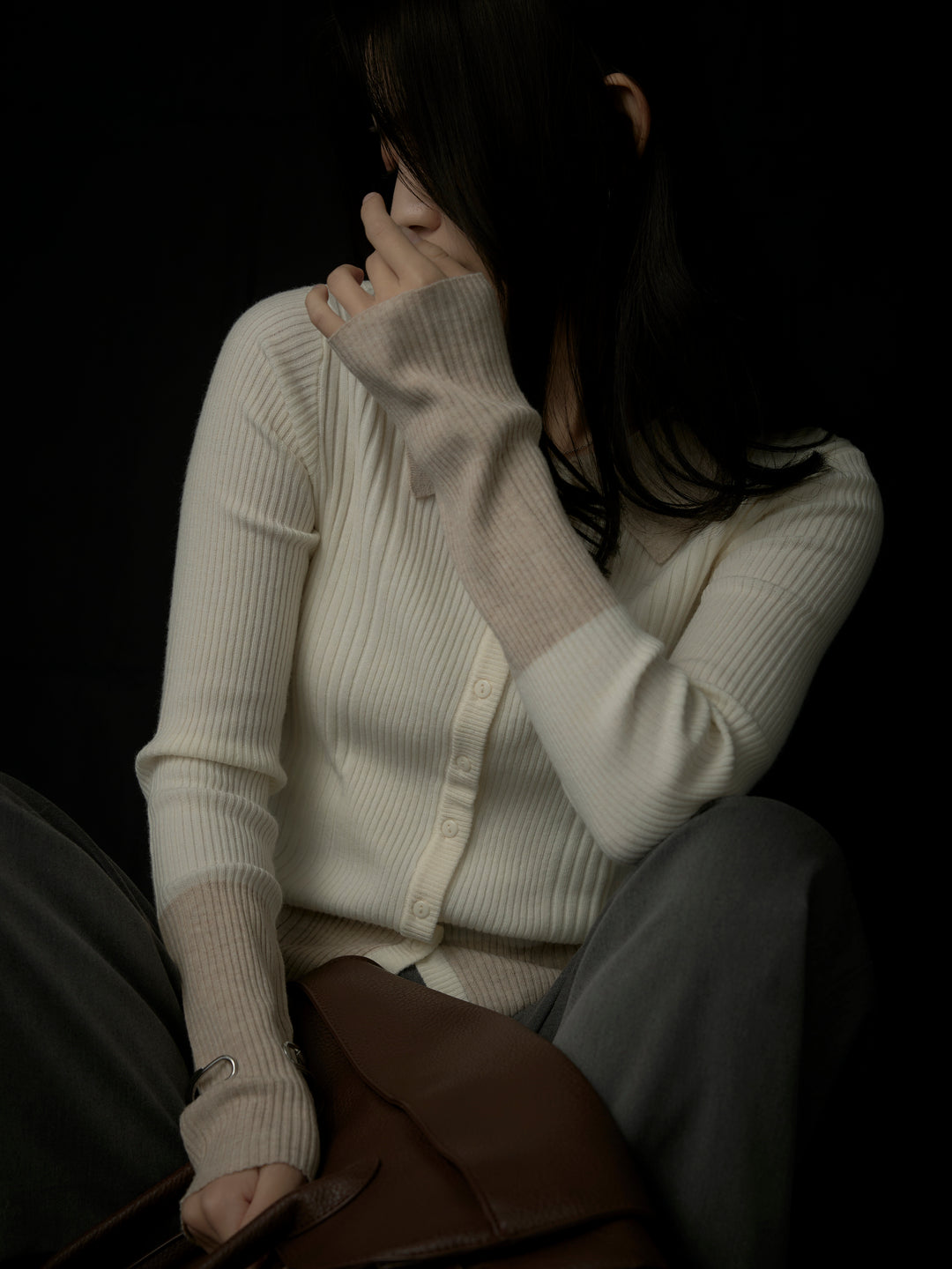 バイカラーリブニットポロトップス