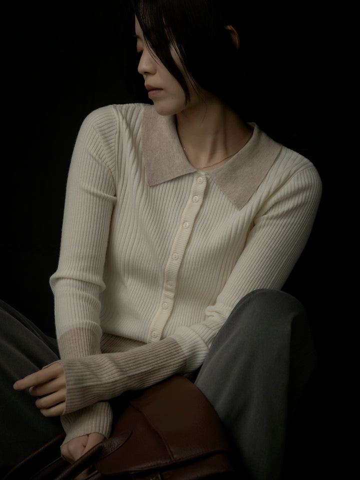 バイカラーリブニットポロトップス