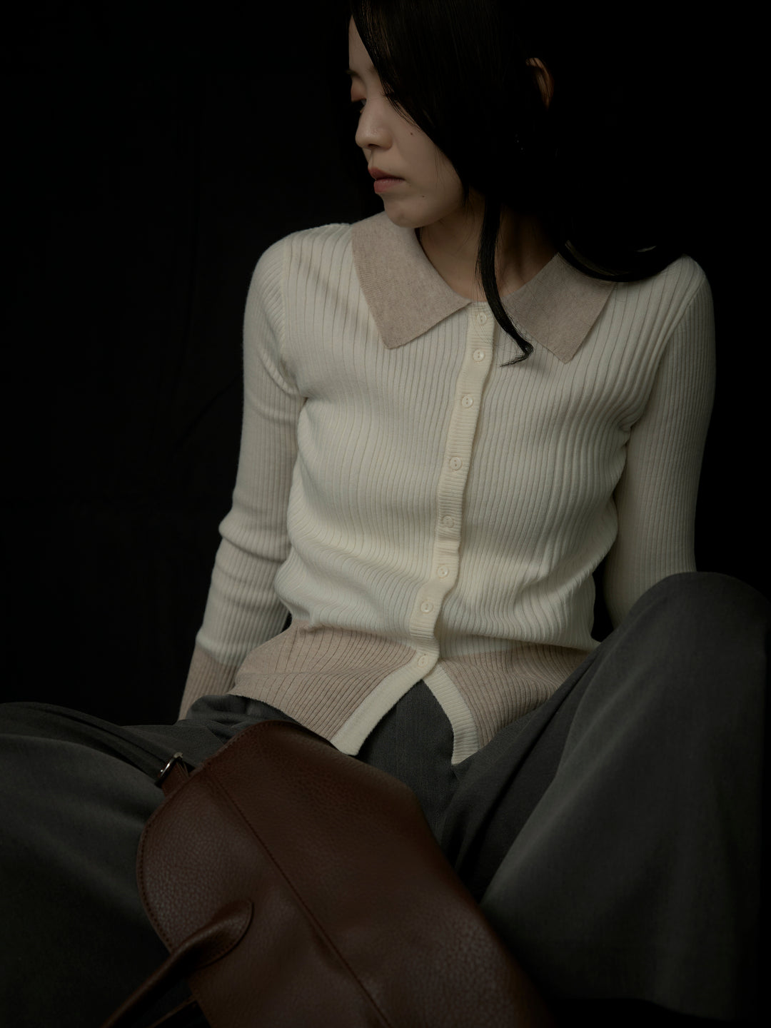 バイカラーリブニットポロトップス