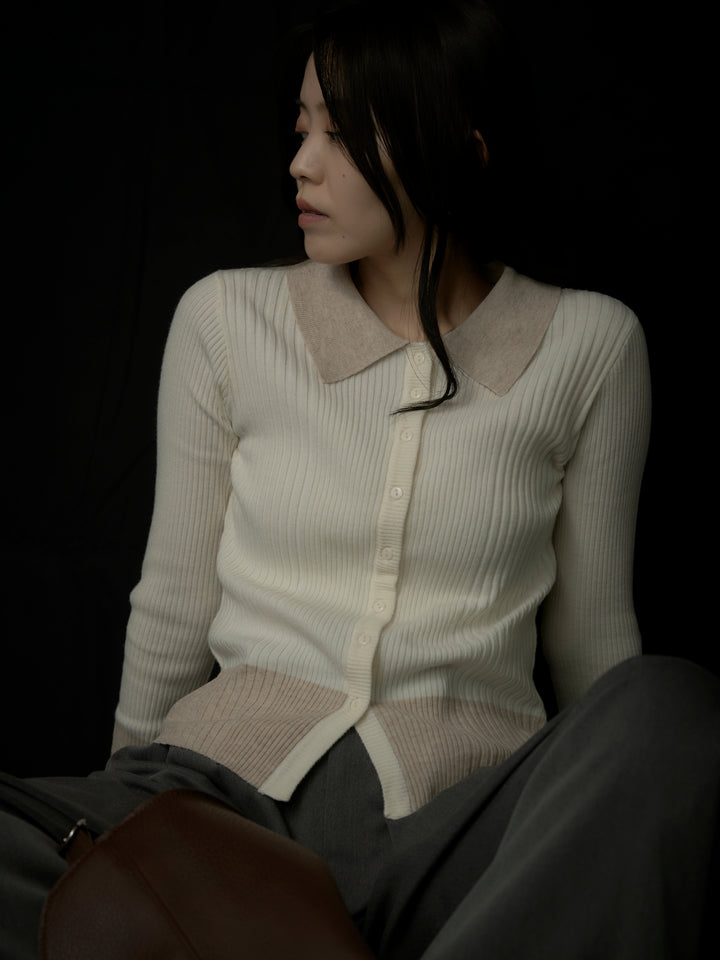 【SET】バイカラーリブニットポロトップス+【Essential】３タックスラックス(2set)