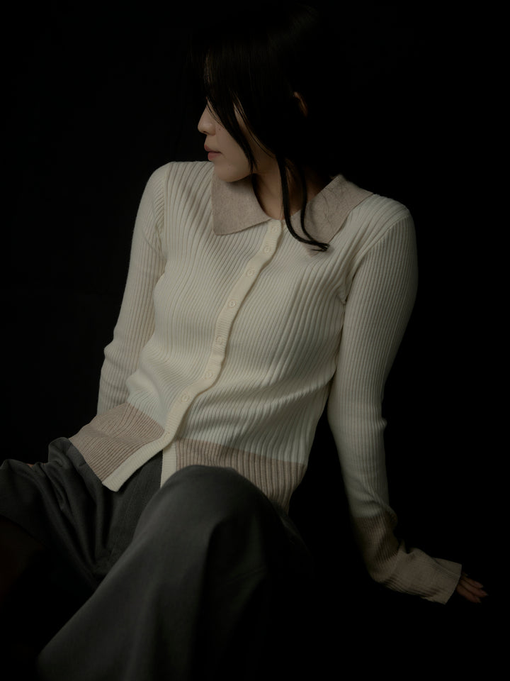 【SET】バイカラーリブニットポロトップス+【Essential】３タックスラックス(2set)