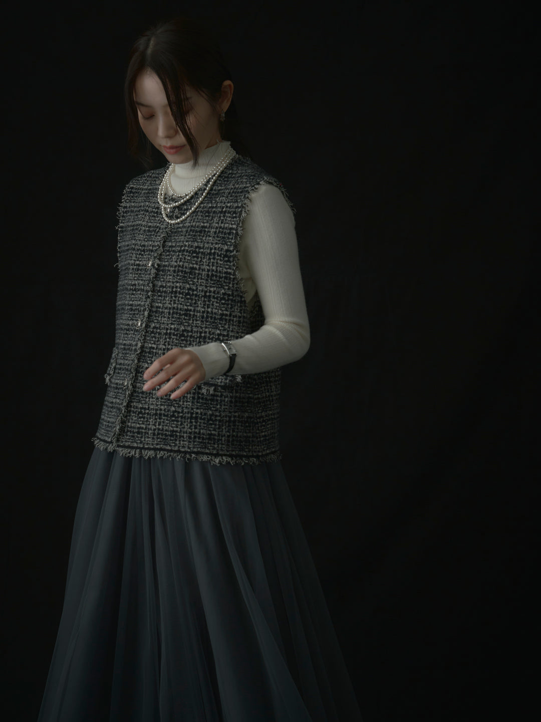 【SET】ツイードフリンジベスト+リブニットタートルネック+ボリュームチュールスカート(3set)