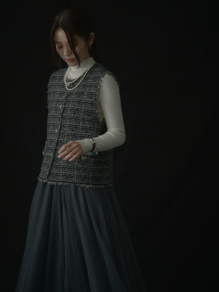 【SET】ツイードフリンジベスト+リブニットタートルネック+ボリュームチュールスカート(3set)