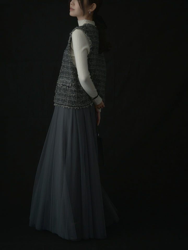 【SET】ツイードフリンジベスト+リブニットタートルネック+ボリュームチュールスカート(3set)