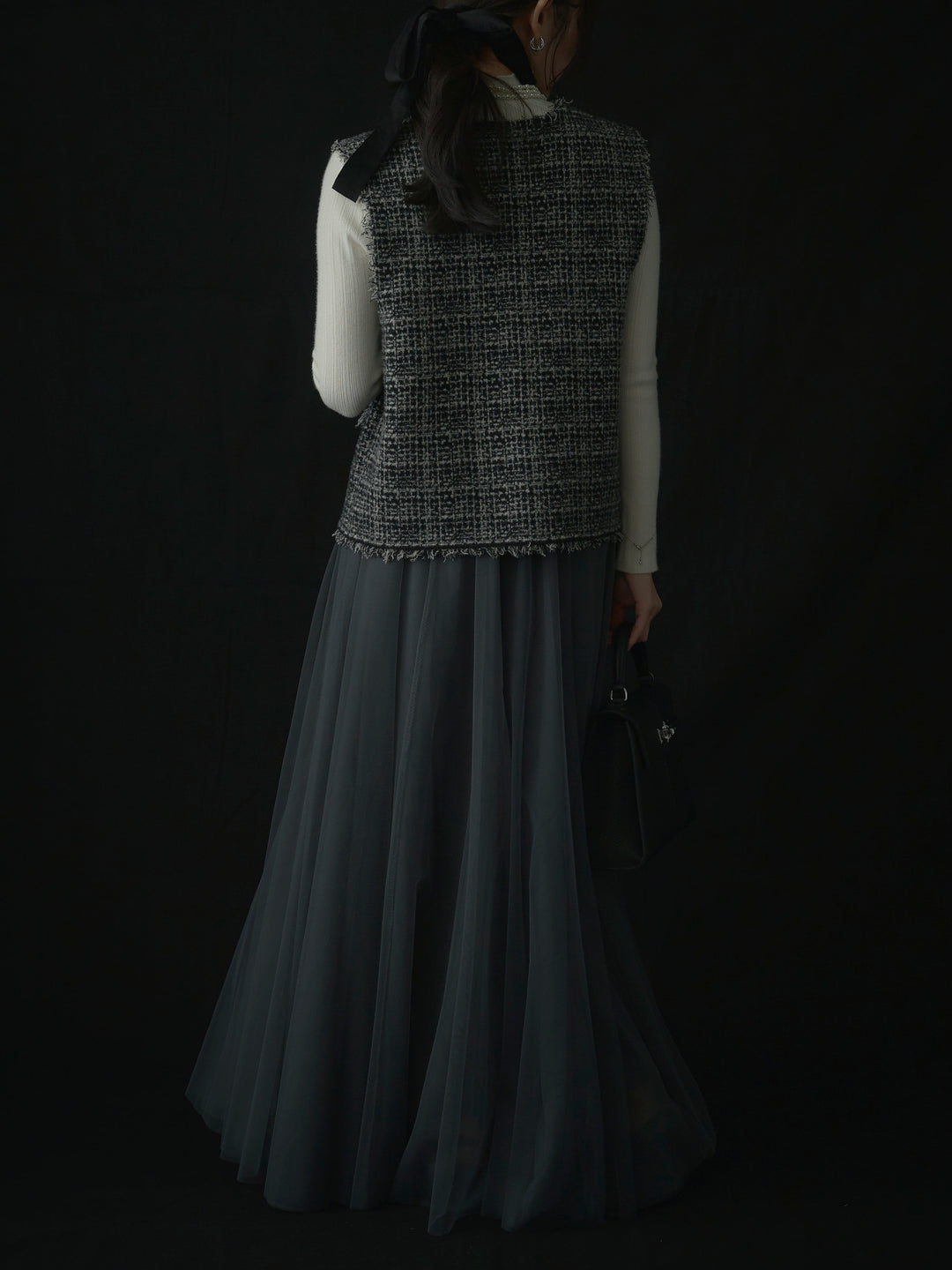 【SET】ツイードフリンジベスト+リブニットタートルネック+ボリュームチュールスカート(3set)