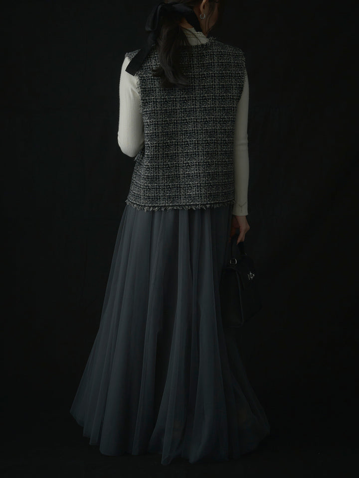 【SET】ツイードフリンジベスト+リブニットタートルネック+ボリュームチュールスカート(3set)