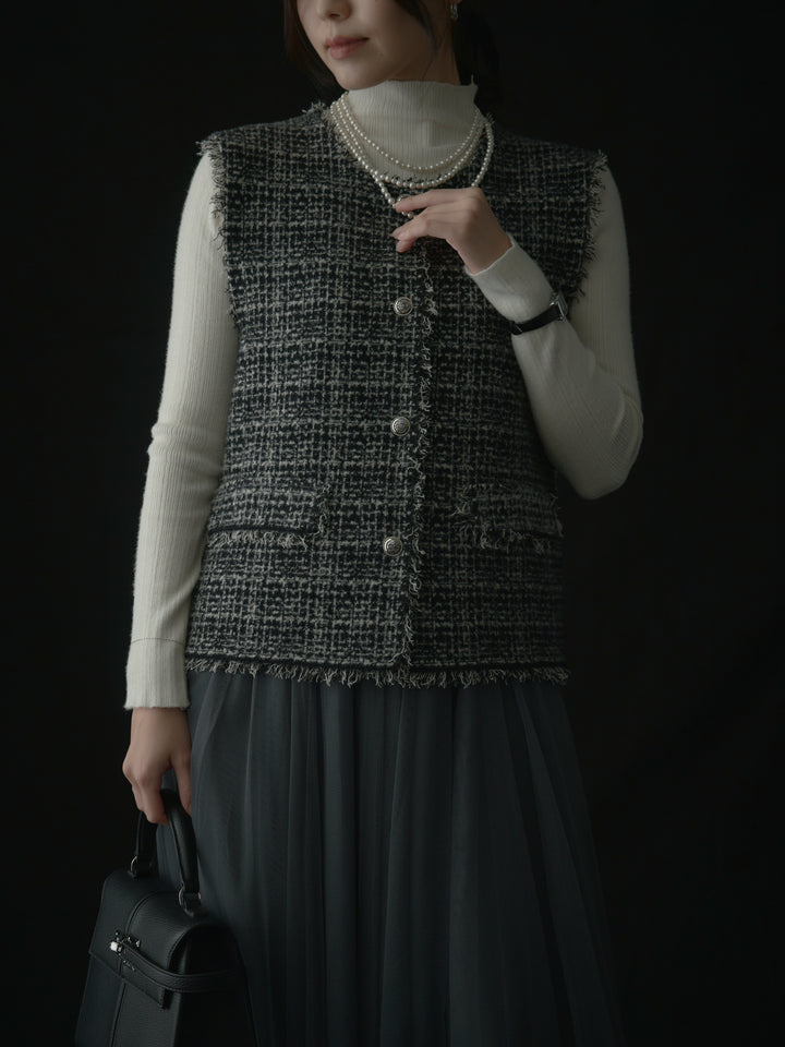 【SET】ツイードフリンジベスト+リブニットタートルネック+ボリュームチュールスカート(3set)