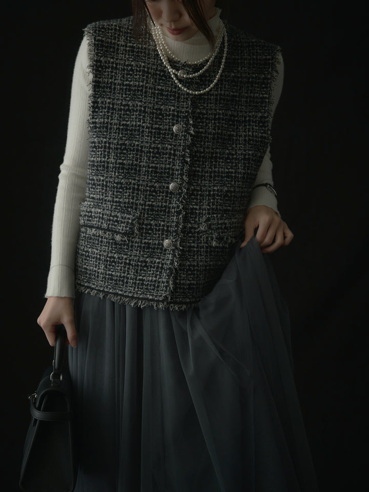 【SET】ツイードフリンジベスト+リブニットタートルネック+ボリュームチュールスカート(3set)