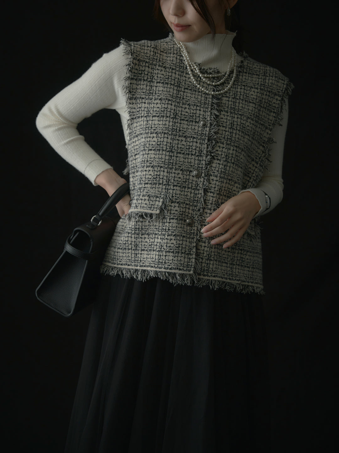 【SET】ツイードフリンジベスト+リブニットタートルネック+ボリュームチュールスカート(3set)