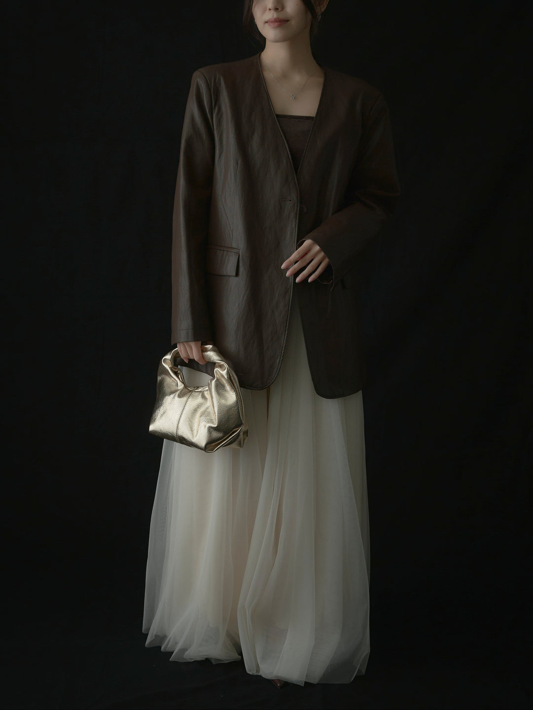 【SET】レザーノーカラージャケット+ボリュームチュールスカート(2set)