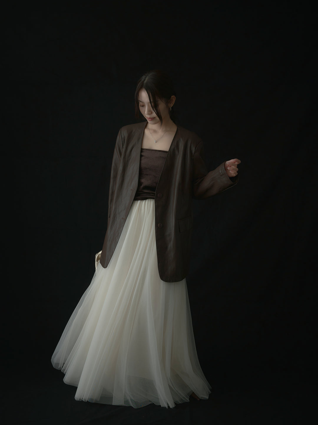 【SET】レザーノーカラージャケット+ボリュームチュールスカート(2set)