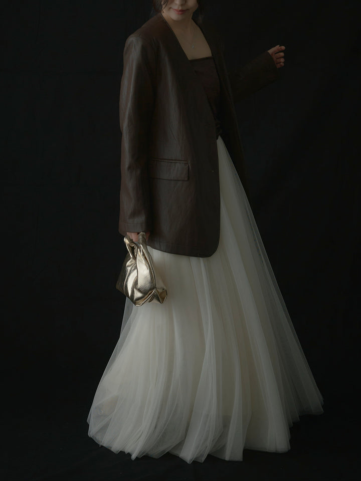 【SET】レザーノーカラージャケット+ボリュームチュールスカート(2set)