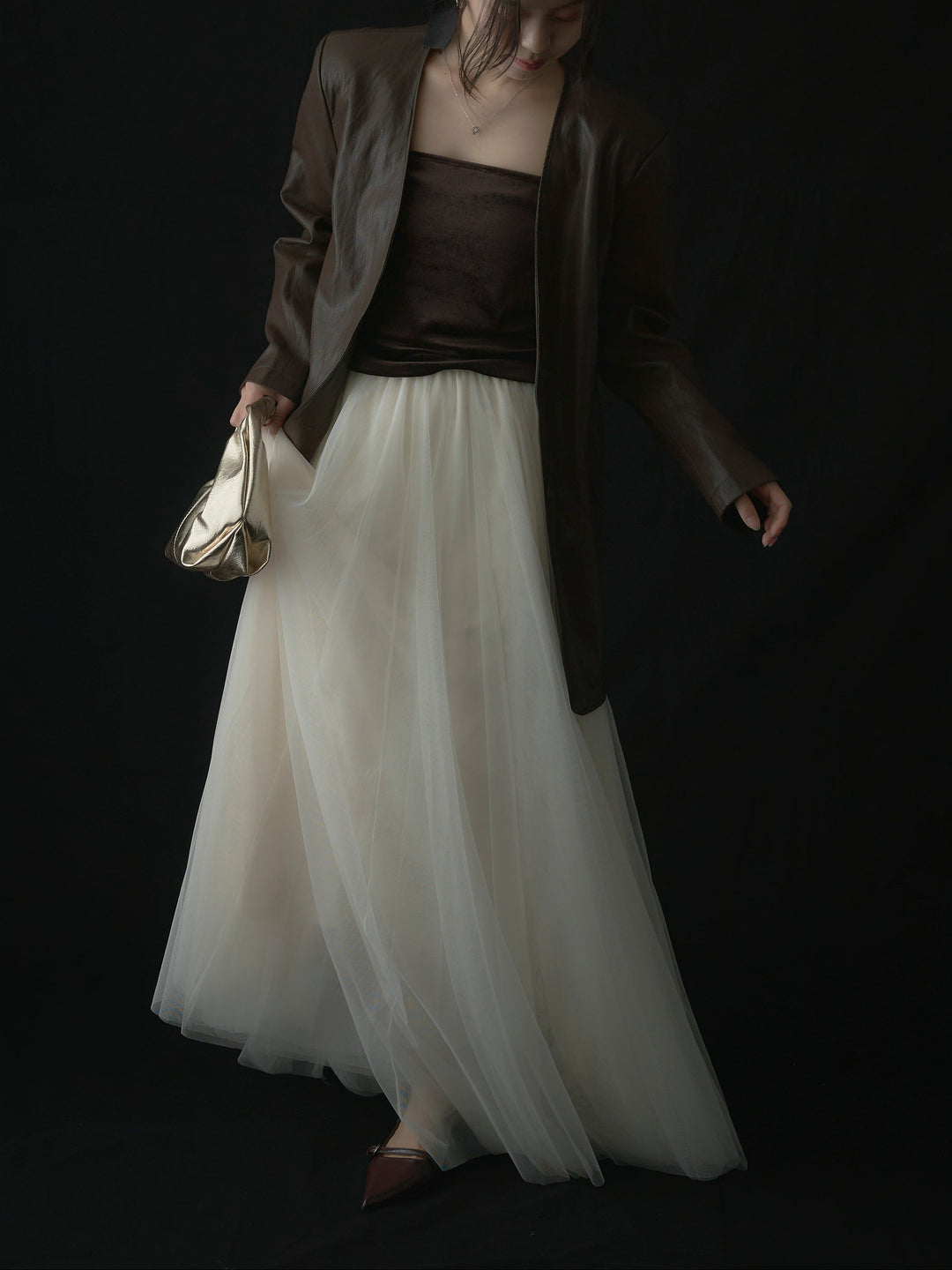 【SET】レザーノーカラージャケット+ボリュームチュールスカート(2set)