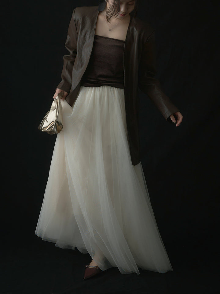 【SET】レザーノーカラージャケット+ボリュームチュールスカート(2set)
