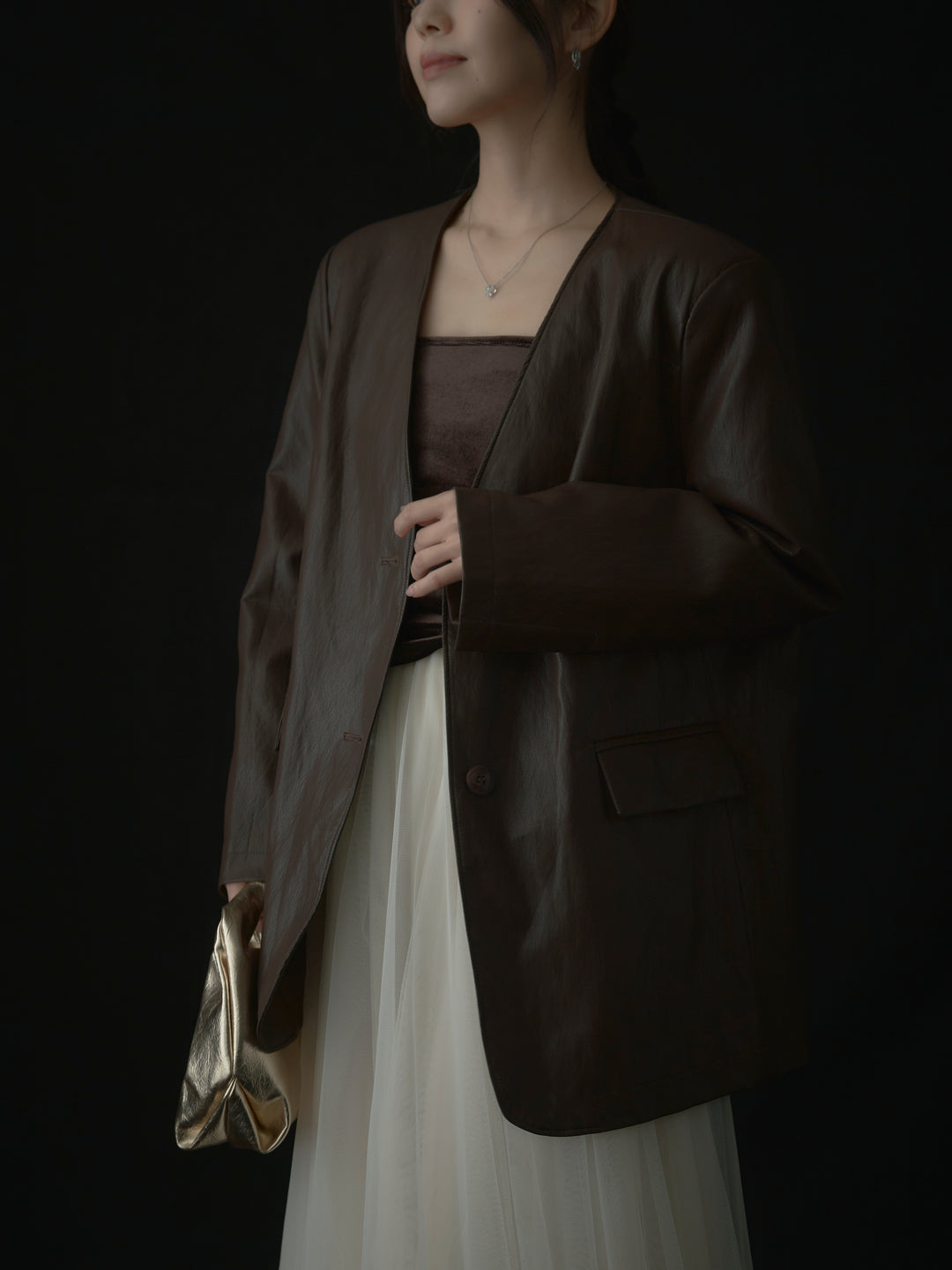 【SET】レザーノーカラージャケット+ボリュームチュールスカート(2set)