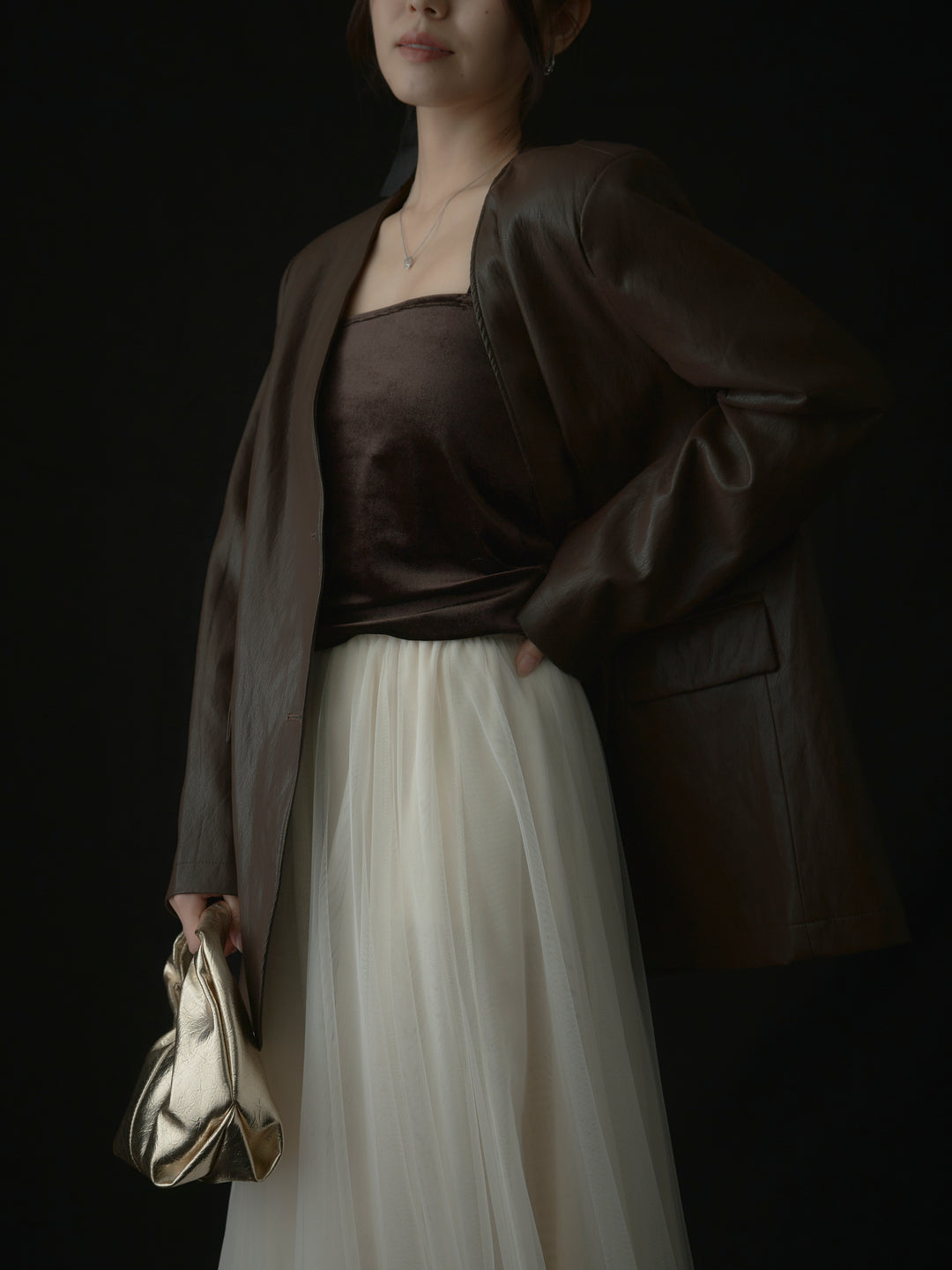 【SET】レザーノーカラージャケット+ボリュームチュールスカート(2set)