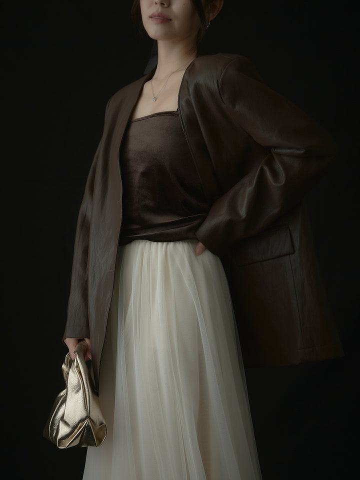 【SET】レザーノーカラージャケット+ボリュームチュールスカート(2set)