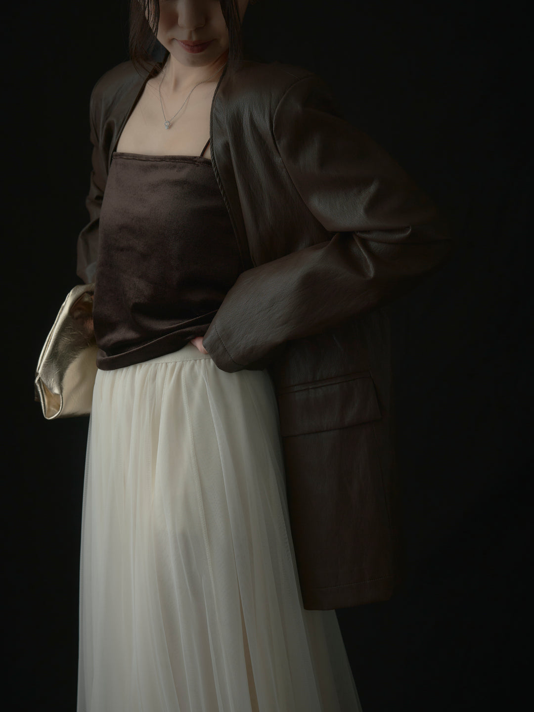 【SET】レザーノーカラージャケット+ボリュームチュールスカート(2set)