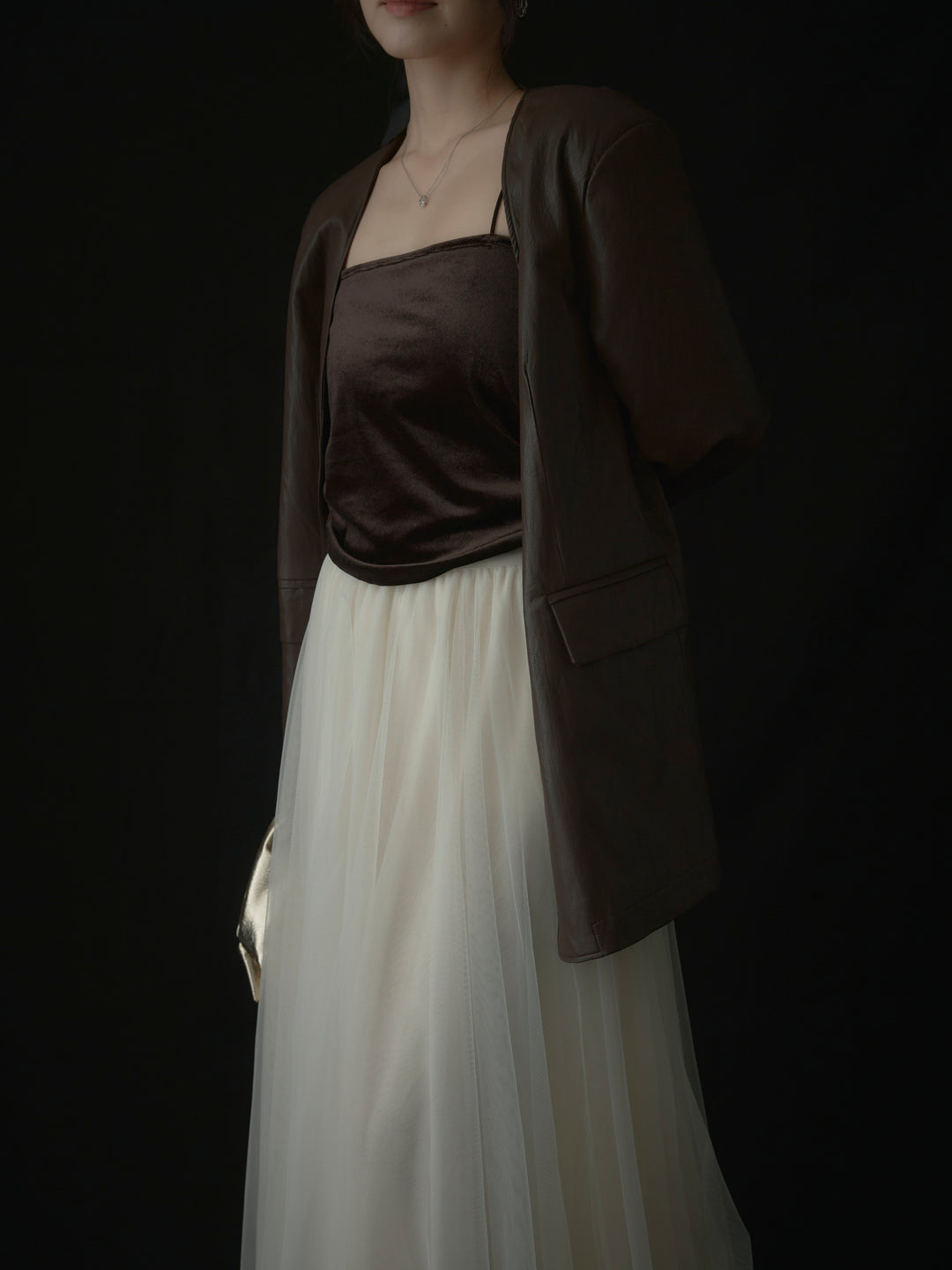 【SET】レザーノーカラージャケット+ボリュームチュールスカート(2set)