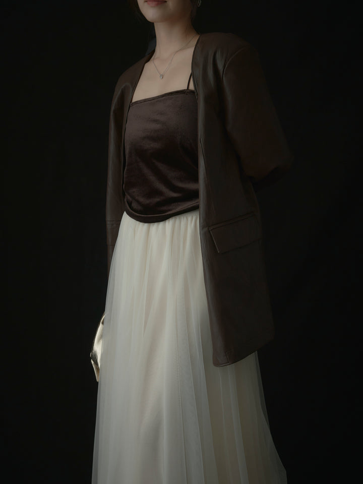 【SET】レザーノーカラージャケット+ボリュームチュールスカート(2set)