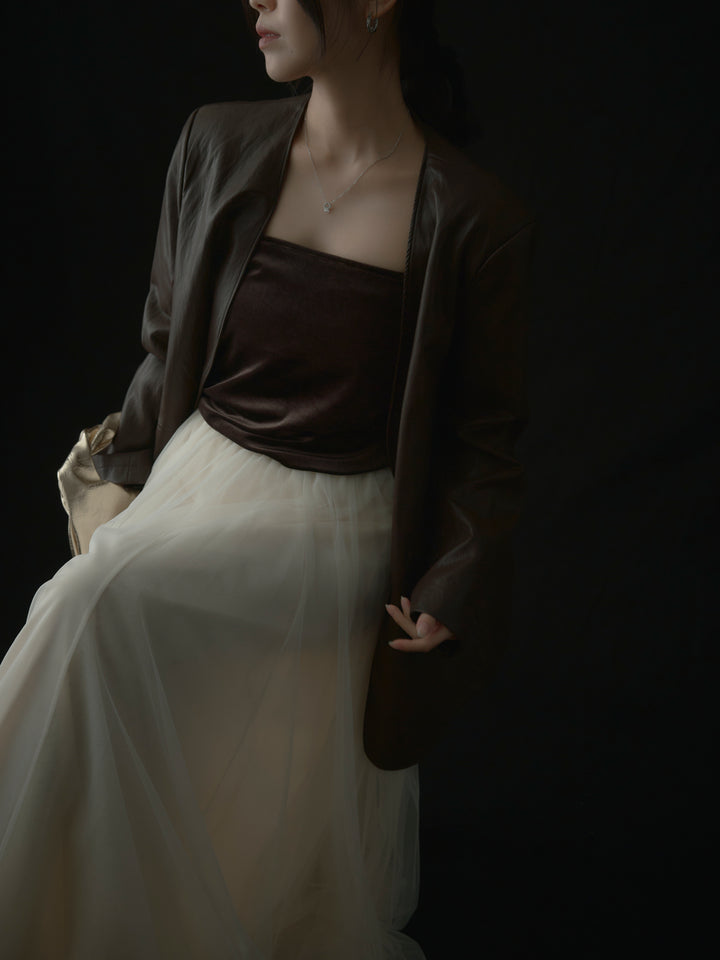 【SET】レザーノーカラージャケット+ボリュームチュールスカート(2set)