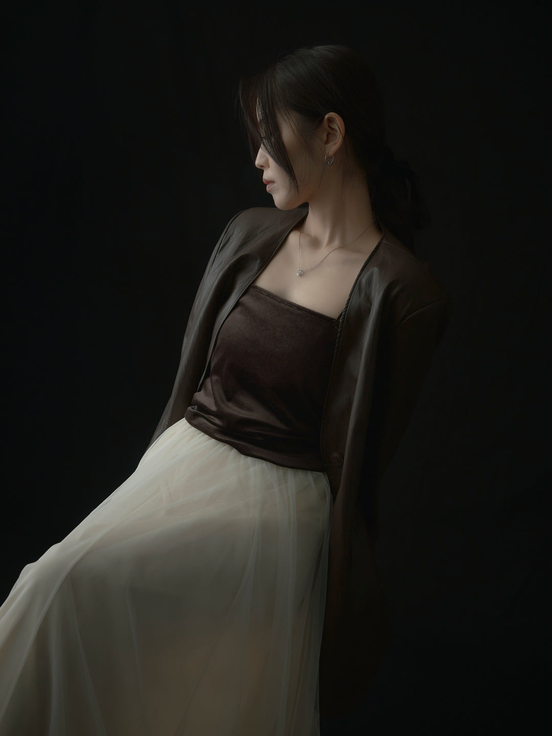 【SET】レザーノーカラージャケット+ボリュームチュールスカート(2set)