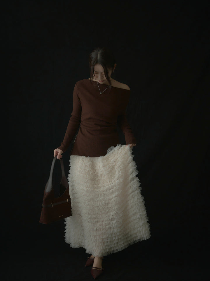 サイドスリットボートネックニットトップス