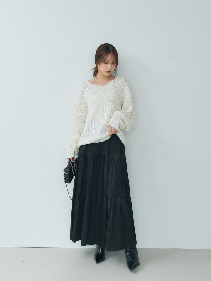 【SET】ランタンヤーンVネックニットプルオーバー+【Essential】Soft sheen tiered flare skirt(2set)
