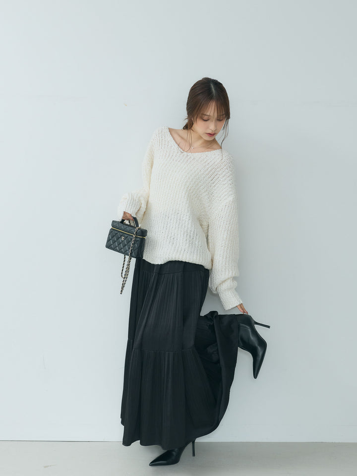 【SET】ランタンヤーンVネックニットプルオーバー+【Essential】Soft sheen tiered flare skirt(2set)